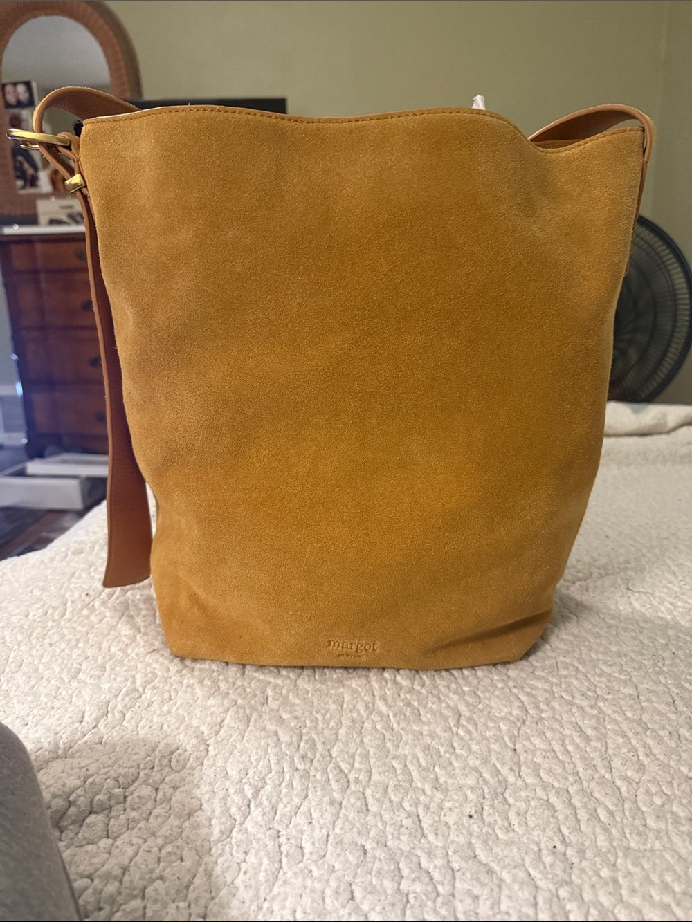 margot Suede Bucket Shoulder Bag in Mustard Yellow